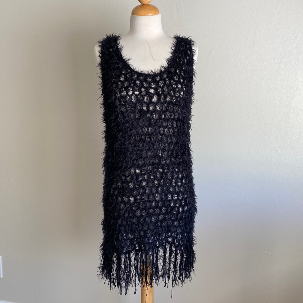 Flapper Fringe Fuzzy Black Dress